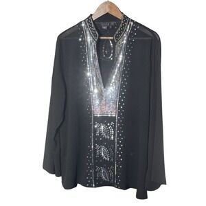 Ninety Blouse Black Sequin‎ Top V-Neck Sheer Beachy Disco